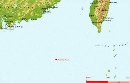 SITE OF THE SINKING OF THE MS ASAMA MARU IN THE SOUTH CHINA SEA.  THE SHIP WAS SUNK ABOUT 270 MILES SOUTHEAST OF HONG KONG AND ABOUT 100 MILES SOUTH OF THE ISLAND OF PRATAS